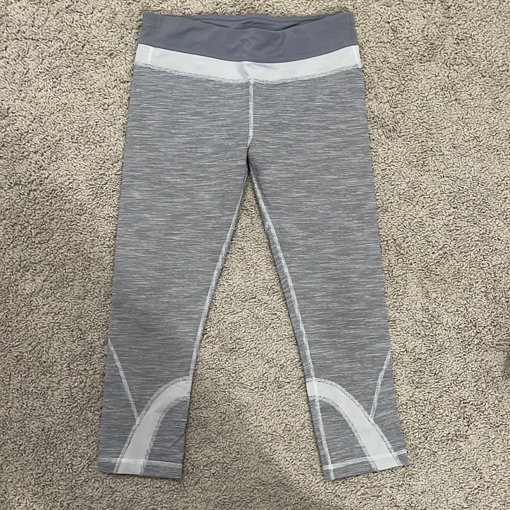 Lululemon gray & white stripe speed leggings (with back zipper pouch).